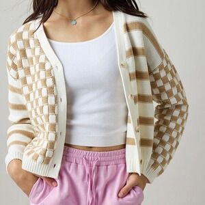 Sincerely Jules Womens Brown Cream Checkered‎ Stripped Button Down Cardigan - XL